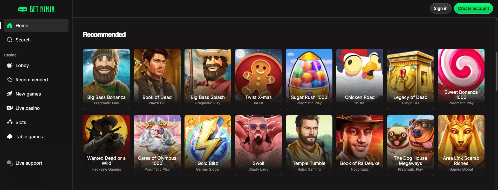 BetNinja frontpage with top recommended online pokies